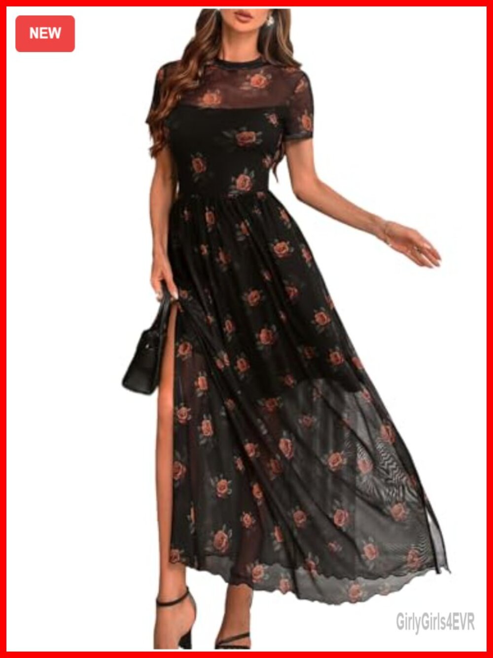 Women's Floral Mesh Short Sleeve Maxi Dress High Slit A-Line